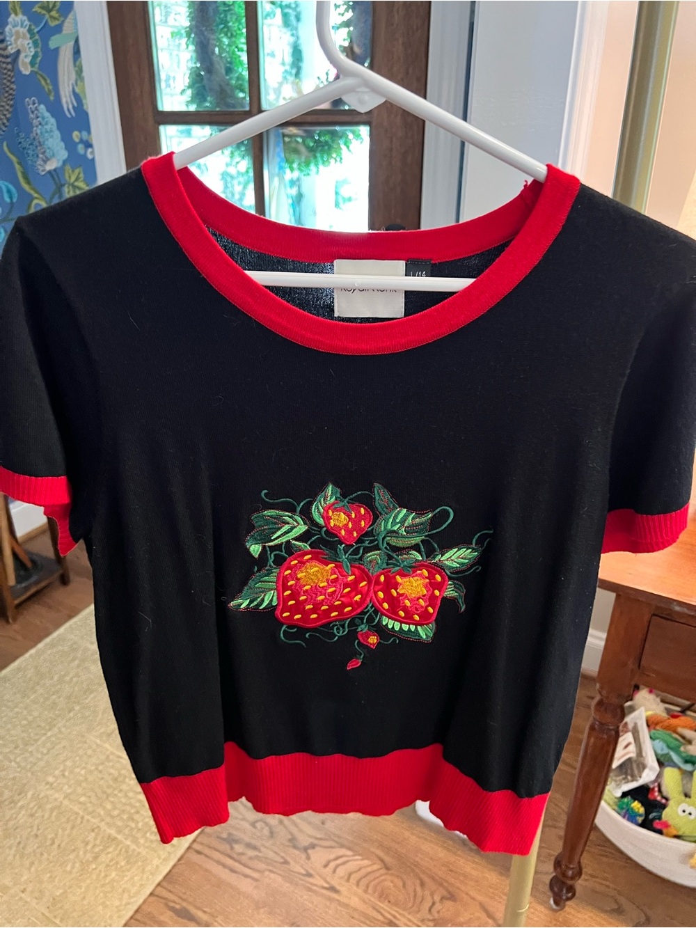 Black Short-Sleeve Strawberry Embroidered Knit Top - Red Trim